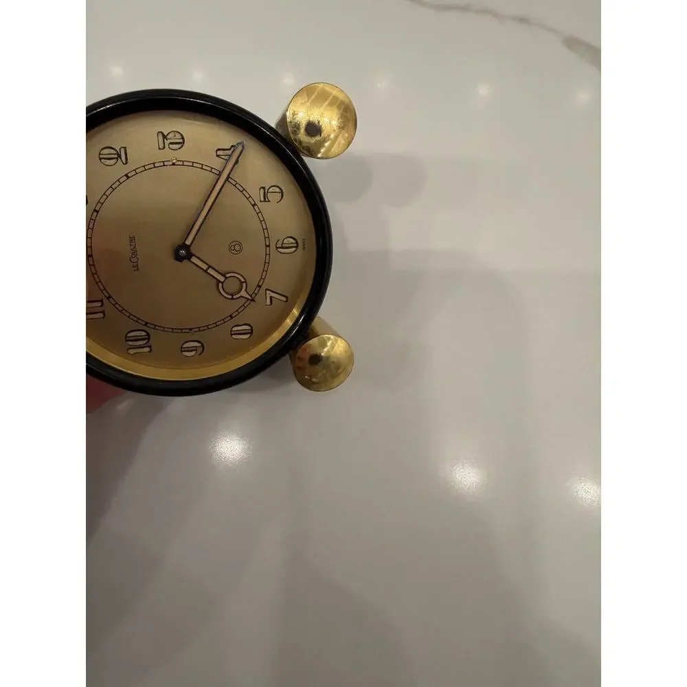 Vintage LeCoultre Swiss Mechanical Desk Table Clock Black Gold Tone Working
